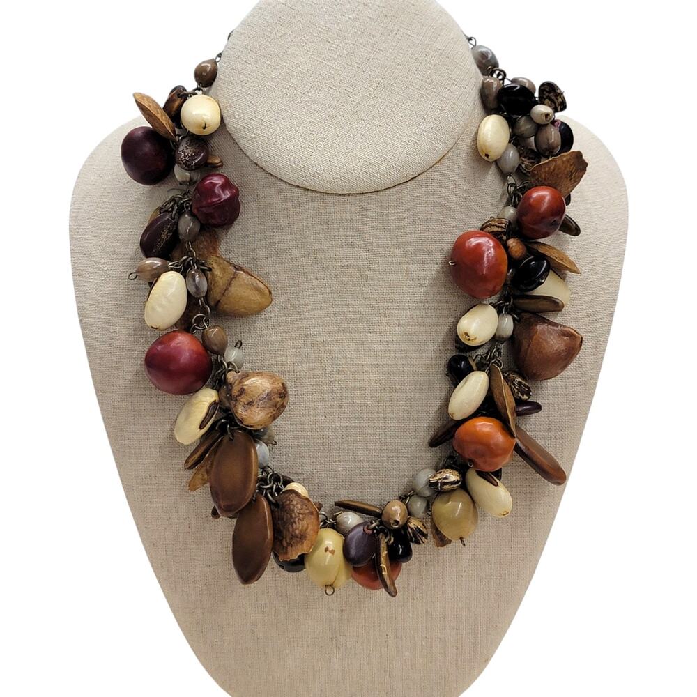 Vintage Chunky Seed Nut Cluster Statement Necklace Boho Botanical Collar